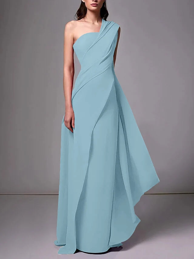 Elegant Sheath One Shoulder Sleeveless Crepe Floor Length Evening Dress