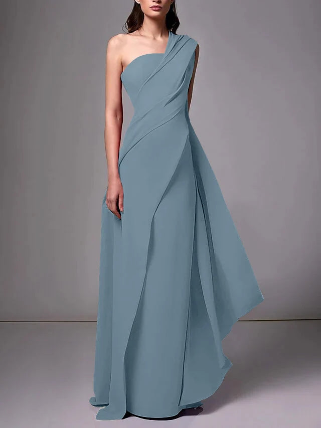 Elegant Sheath One Shoulder Sleeveless Crepe Floor Length Evening Dress