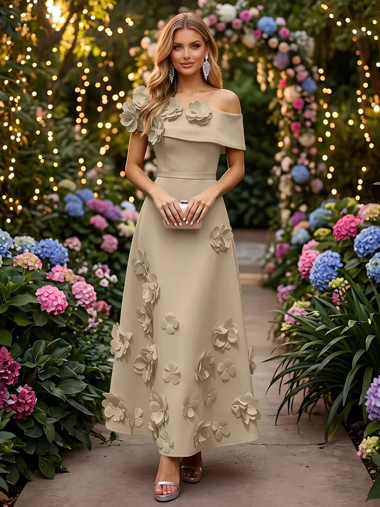 Romantic A-Line Off-Shoulder Short Sleeve Satin Ankle-Length Wedding Guest Dress