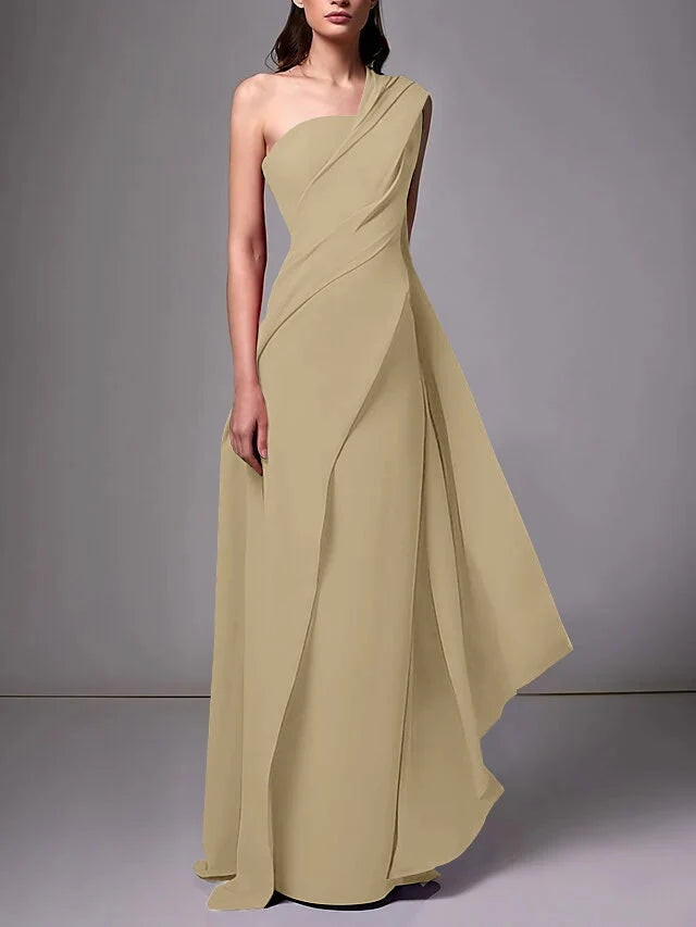 Elegant Sheath One Shoulder Sleeveless Crepe Floor Length Evening Dress