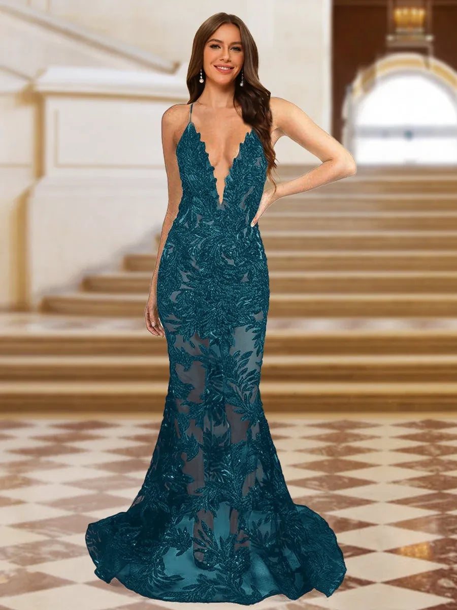 Glamorous Mermaid Plunging-V Sleeveless Crisscross-Back Floor-Length Lace Evening Dress