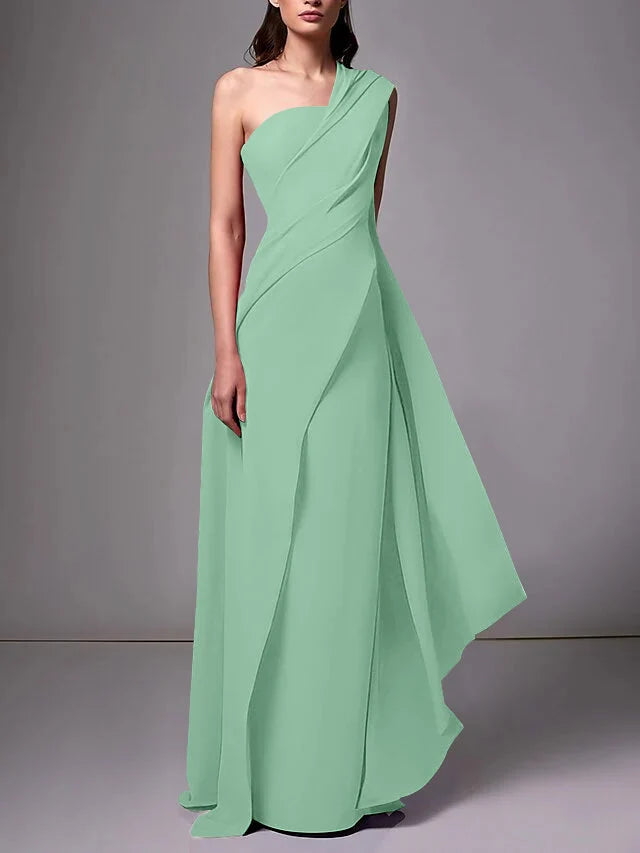 Elegant Sheath One Shoulder Sleeveless Crepe Floor Length Evening Dress