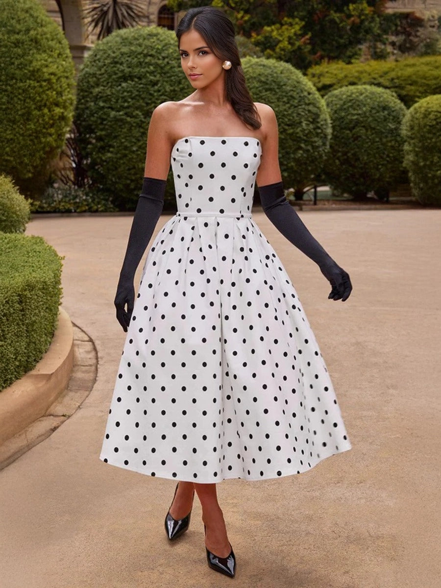Loverlm black and white polka dot satin prom dress with strapless neckline and tea length A-line skirt front view