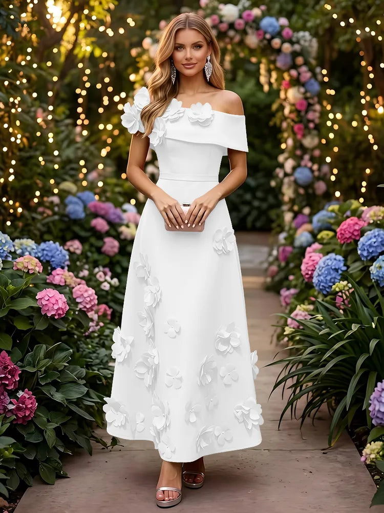 Romantic A-Line Off-Shoulder Short Sleeve Satin Ankle-Length Wedding Guest Dress