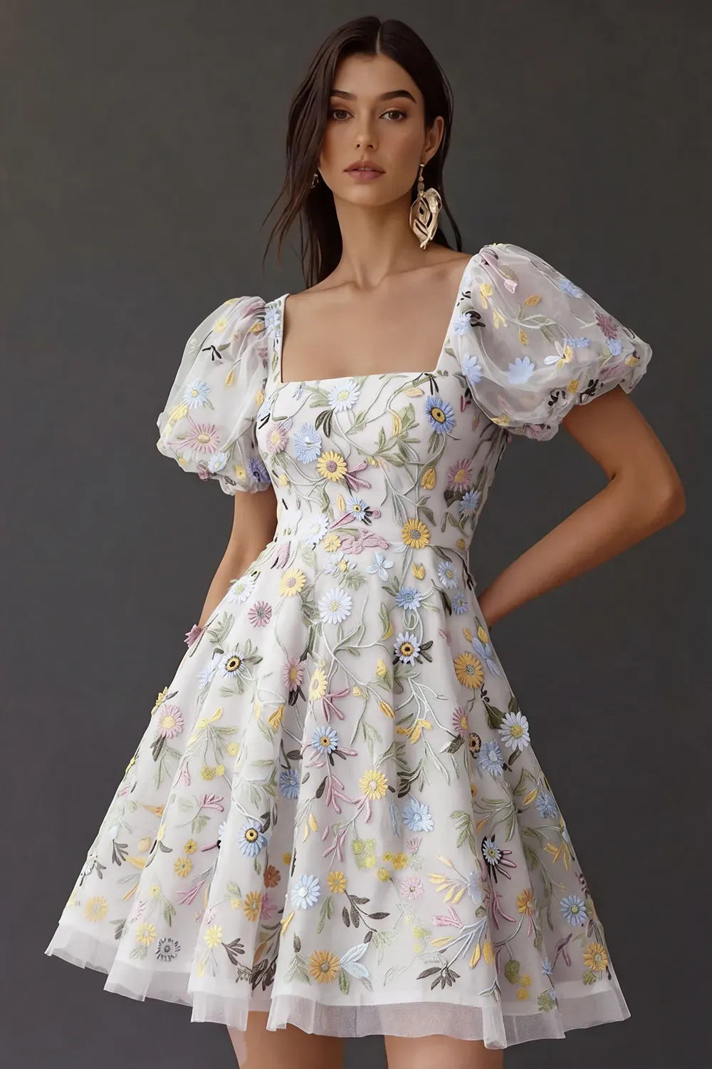 Romantic A Line Square Neck Puff Sleeve Square Back Short Homecoming Dress