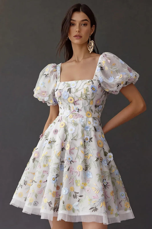 Romantic A Line Square Neck Puff Sleeve Square Back Short Homecoming Dress