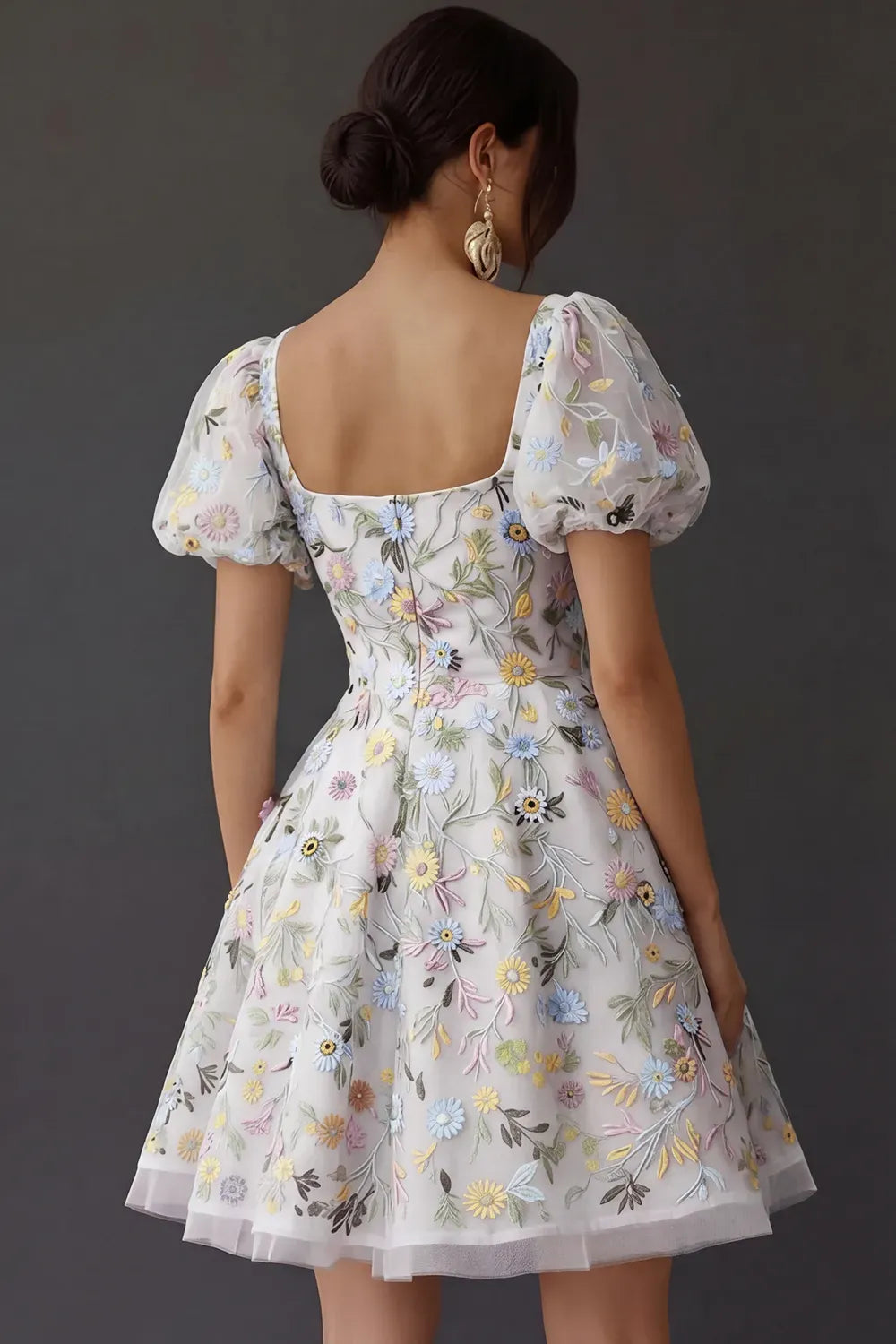Romantic A Line Square Neck Puff Sleeve Square Back Short Homecoming Dress