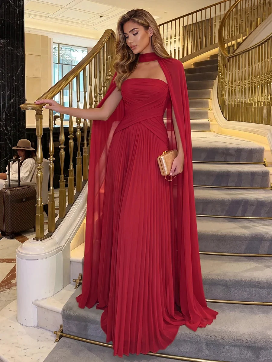 Elegant Pleated Strapless Sleeveless Chiffon Floor Length Evening Dress