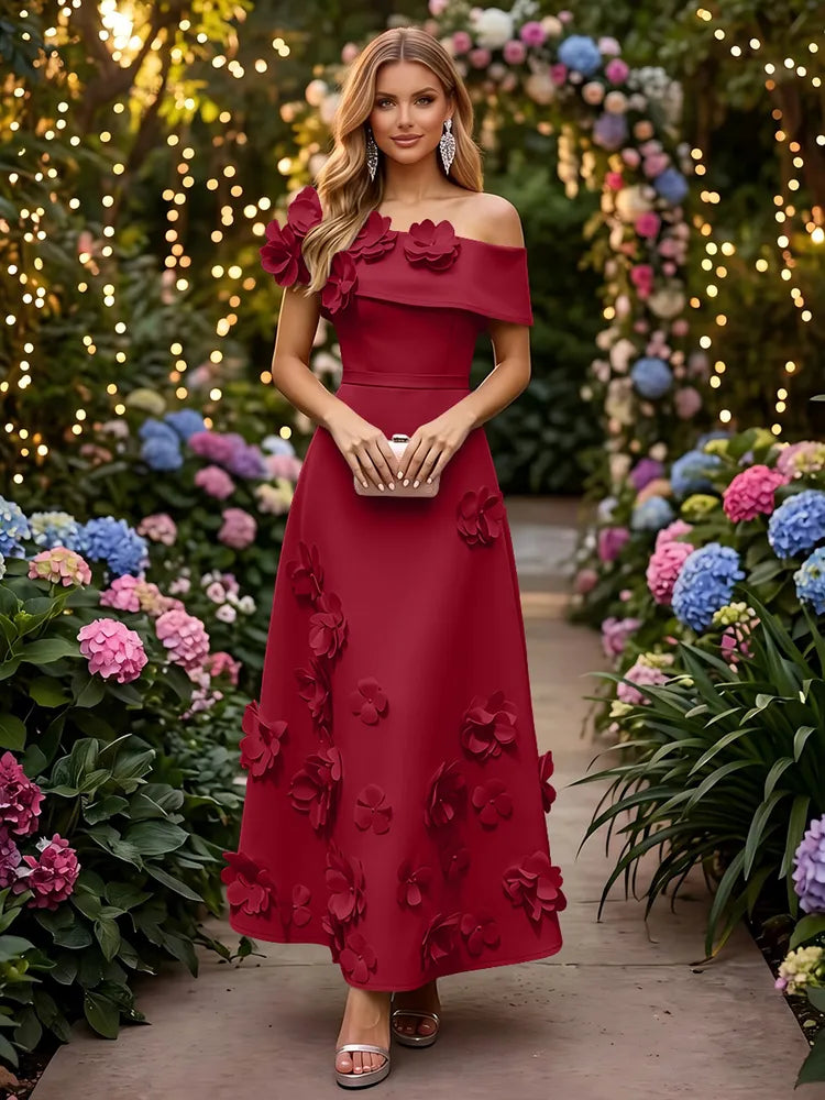 Romantic A-Line Off-Shoulder Short Sleeve Satin Ankle-Length Wedding Guest Dress