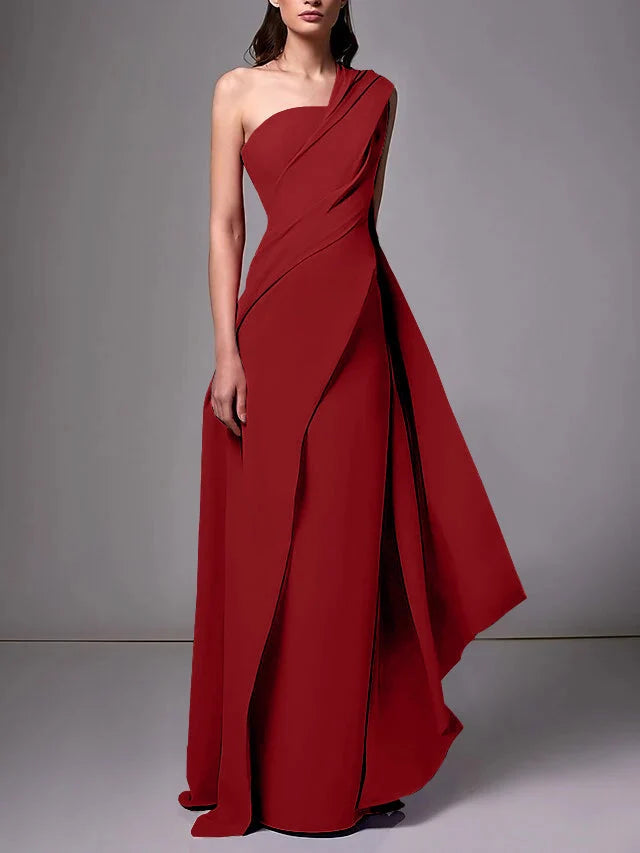 Elegant Sheath One Shoulder Sleeveless Crepe Floor Length Evening Dress