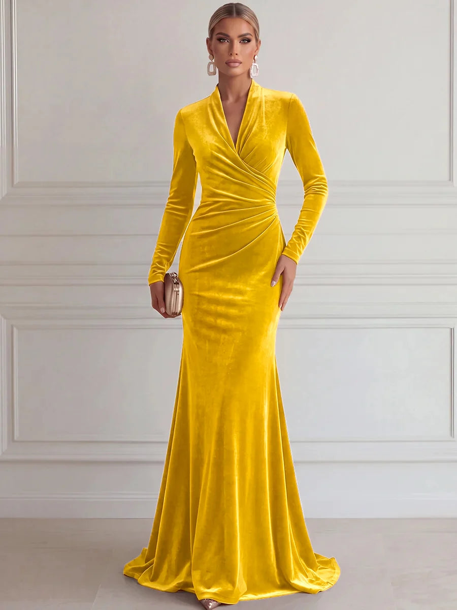Elegant Mermaid Deep V Long Sleeve Velvet Floor-Length Evening Dress