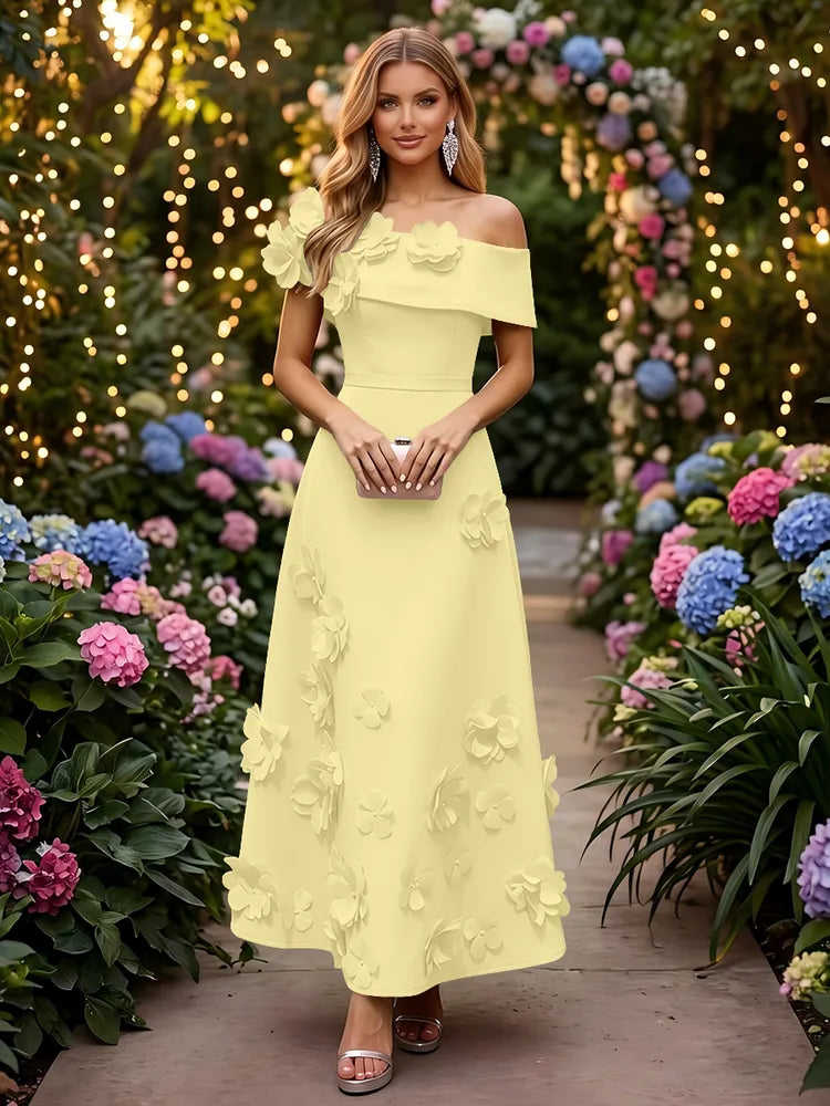 Romantic A-Line Off-Shoulder Short Sleeve Satin Ankle-Length Wedding Guest Dress
