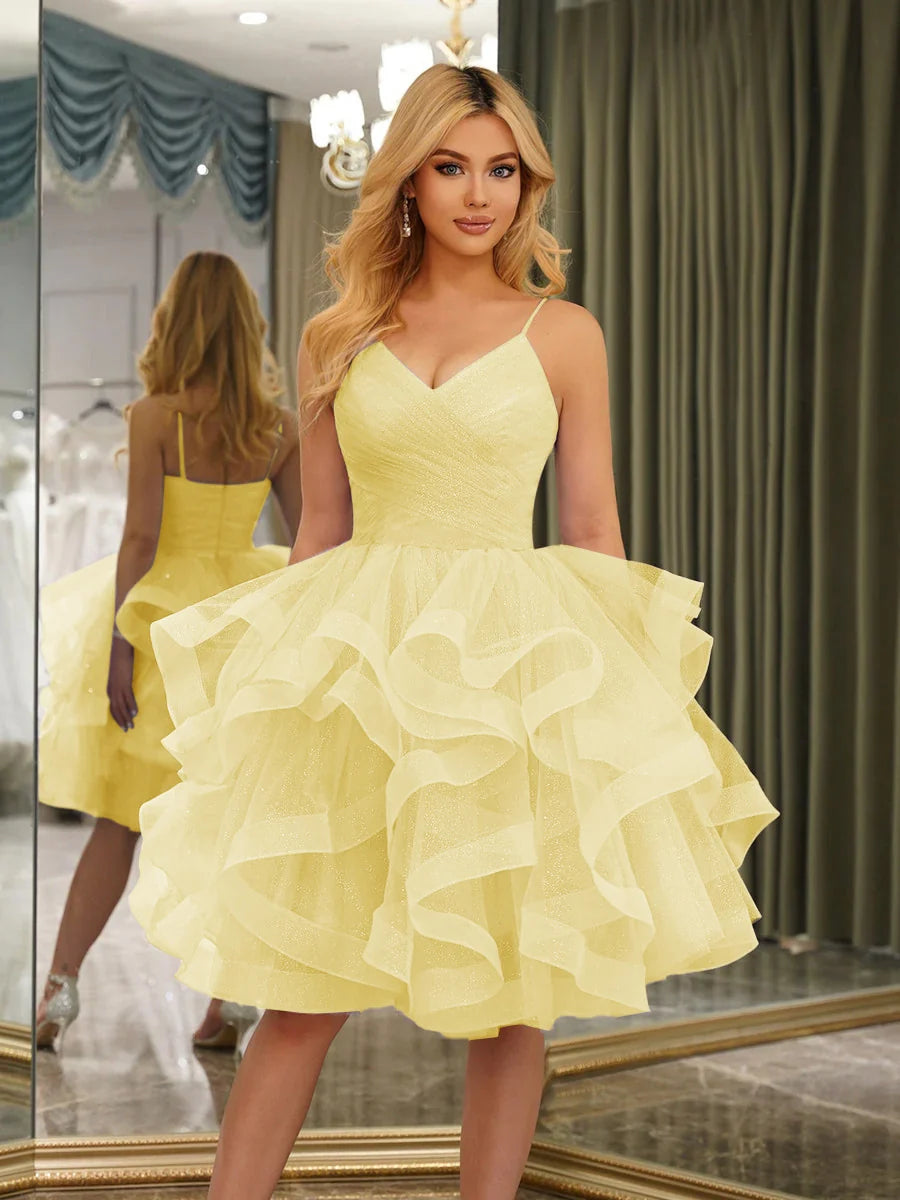 Dreamy A-Line V-Neck Spaghetti Strap Zipper Back Ruffled Mini Homecoming Dress