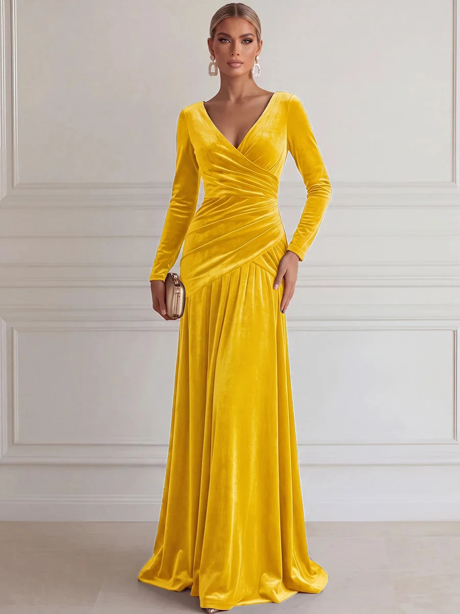 Elegant A-Line V-Neck Long Sleeve Velvet Floor-Length Evening Dress