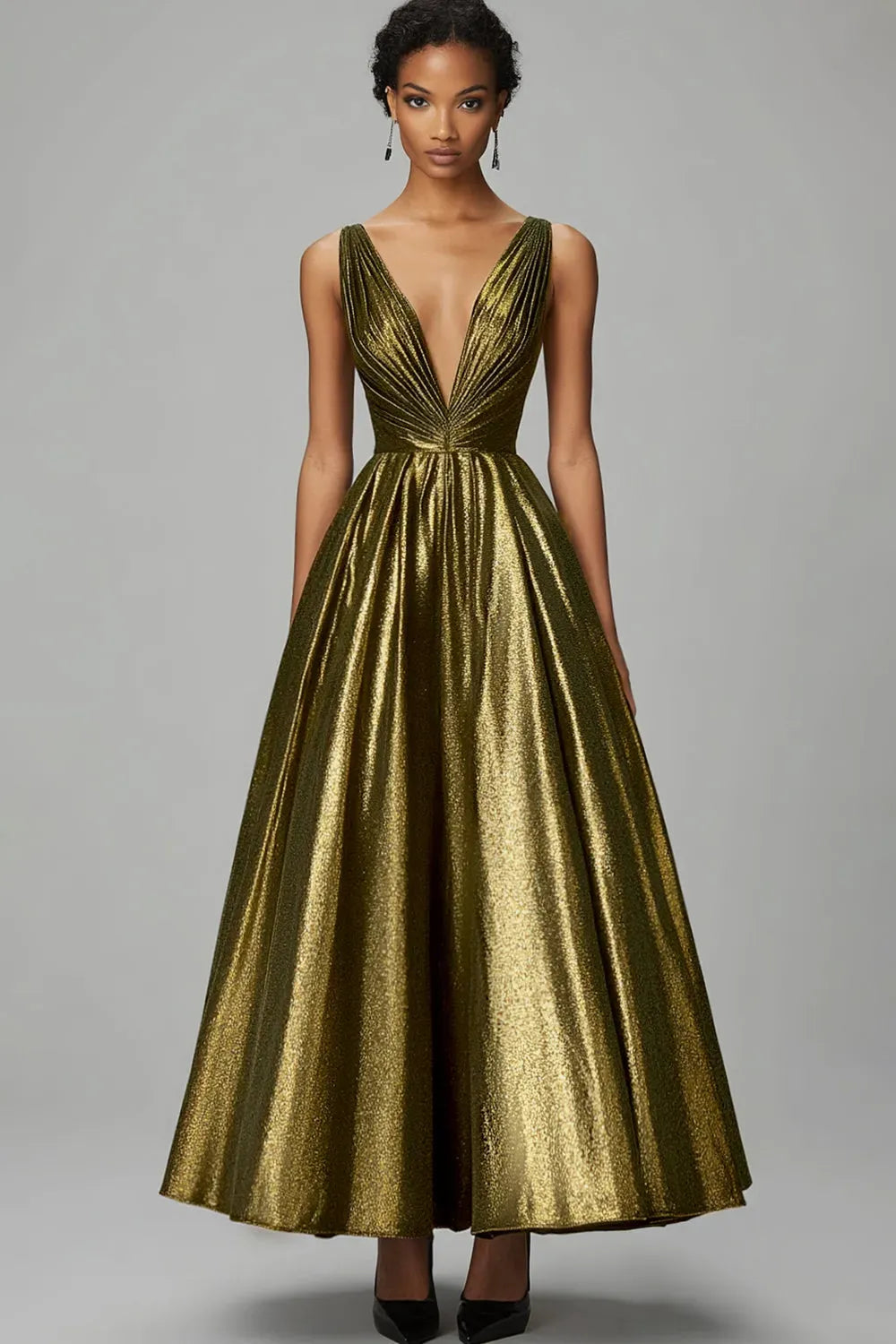 Loverlm antique gold metallic A-line evening dress with plunging V-neckline, sleeveless pleated bodice and voluminous ankle-length skirt front view