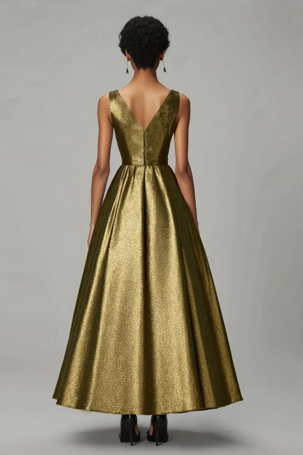 Radiant Antique Gold A-Line Plunging V-Neck Sleeveless Zipper-Back Ankle-Length Evening Dress