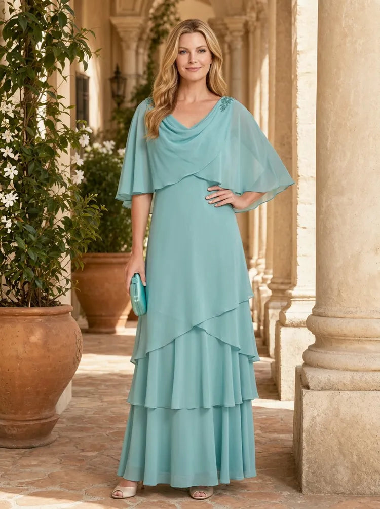 Loverlm aqua blue Mother of the Bride dress with cowl neckline cape sleeves shoulder embellishment and layered floor-length chiffon skirt
