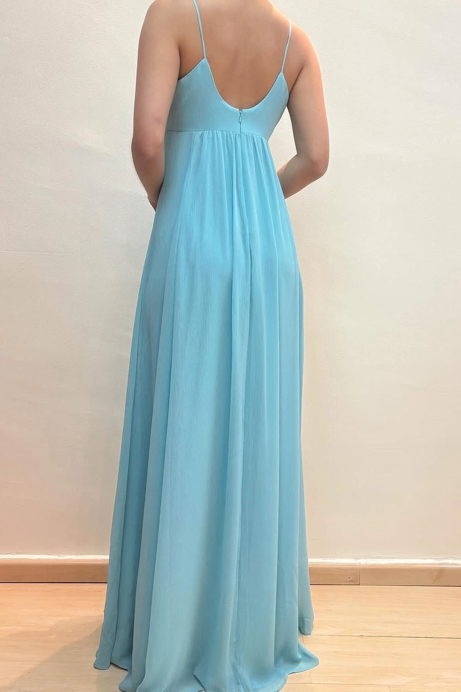 Loverlm Elegant Aqua Blue Chiffon A-Line V-Neck Spaghetti-Strap Zipper-Back Floor-Length Prom Dress