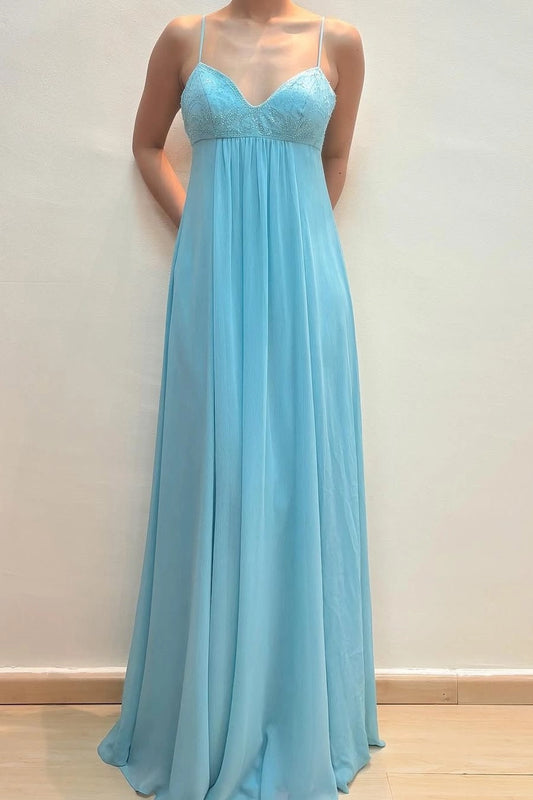 Front view of a Loverlm aqua blue chiffon A-line prom dress with an embellished V-neck bodice, spaghetti straps, empire waist, and flowing floor-length skirt.