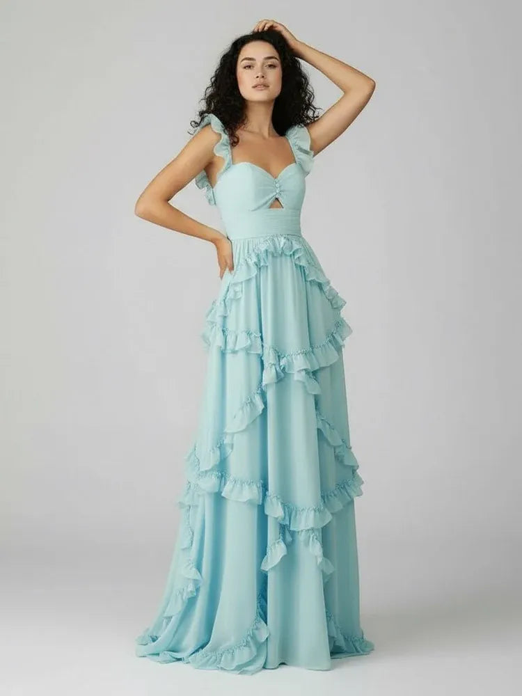 Loverlm Romantic Aqua Blue Chiffon A-Line Sweetheart Ruffle-Strap Open-Back Long Prom Dress