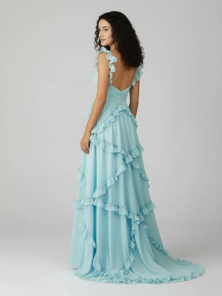 Loverlm Romantic Aqua Blue Chiffon A-Line Sweetheart Ruffle-Strap Open-Back Long Prom Dress