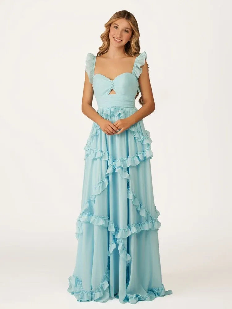 Loverlm Romantic Aqua Blue Chiffon A-Line Sweetheart Ruffle-Strap Open-Back Long Prom Dress