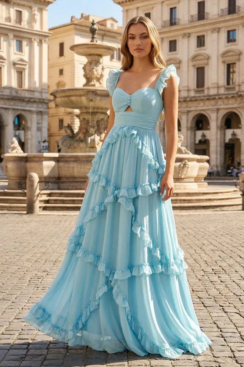 Loverlm Romantic Aqua Blue Chiffon A-Line Sweetheart Ruffle-Strap Open-Back Long Prom Dress