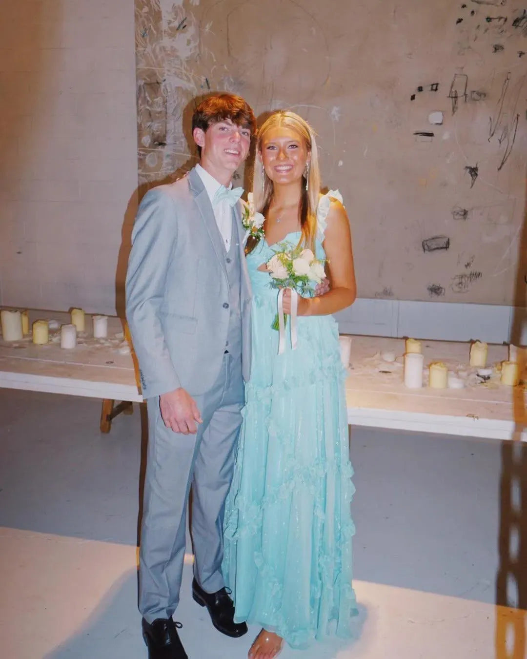 Loverlm Romantic Aqua Blue Chiffon A-Line Sweetheart Ruffle-Strap Open-Back Long Prom Dress