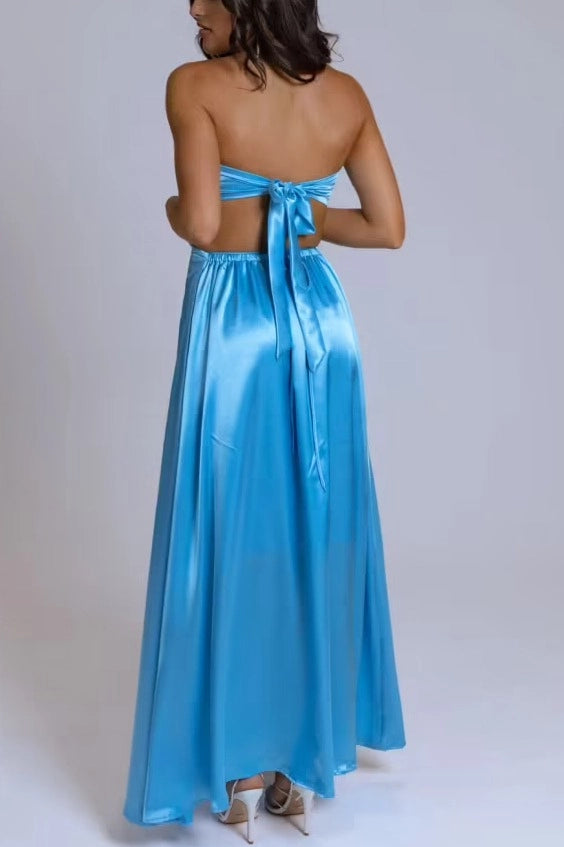 Loverlm Elegant Aqua Blue Satin Fit-and-Flare Strapless Cutout Bow-Back Floor-Length Prom Dress