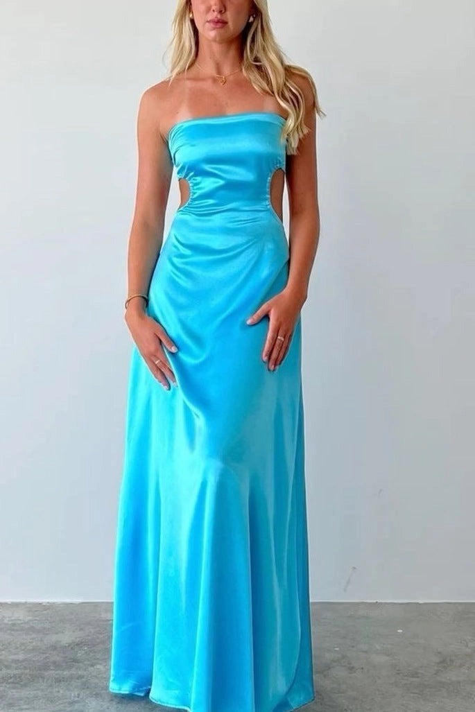 Front view of a Loverlm aqua blue satin fit-and-flare prom dress with a strapless bandeau neckline, ruched bodice, waist cutouts, and floor-length skirt.