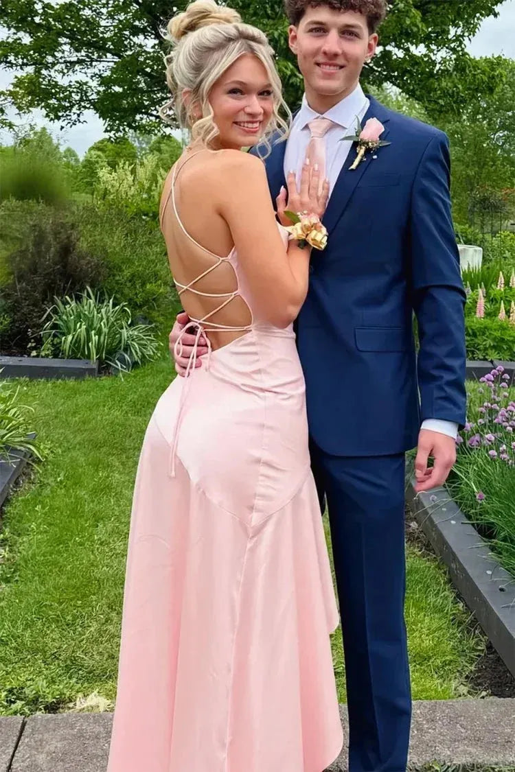 Chic Satin A-Line V Neck Sleeveless Lace Up Back Long Prom Dress