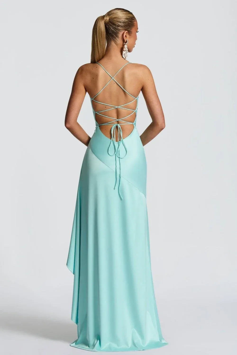 Chic Satin A-Line V Neck Sleeveless Lace Up Back Long Prom Dress