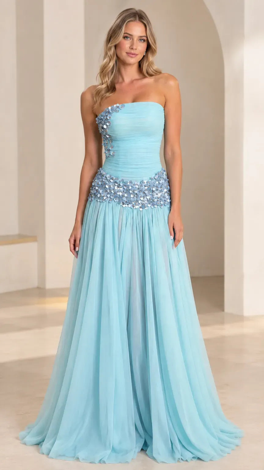 Loverlm aqua blue prom dress with strapless straight neckline ruched bodice floral embellishment and flowing floor-length A-line skirt