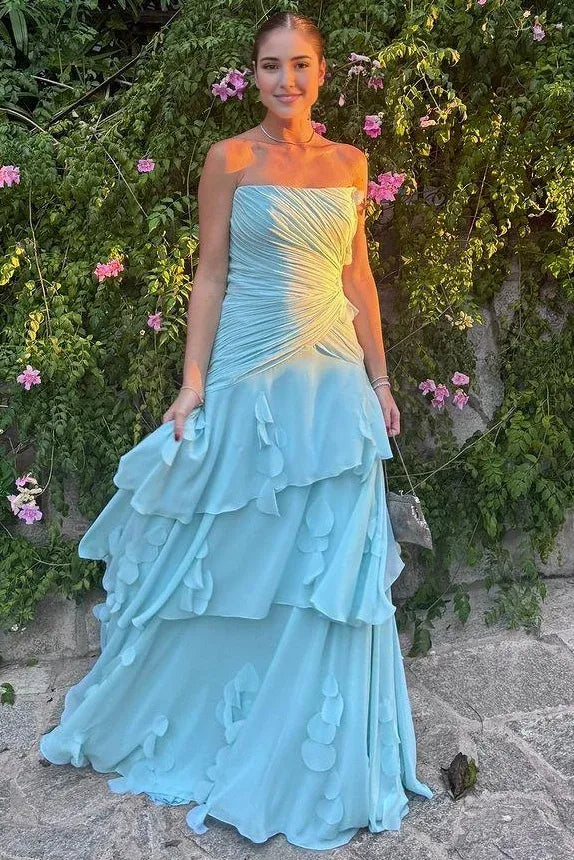 Loverlm aqua blue strapless prom dress with ruched bodice tiered ruffle skirt and petal details