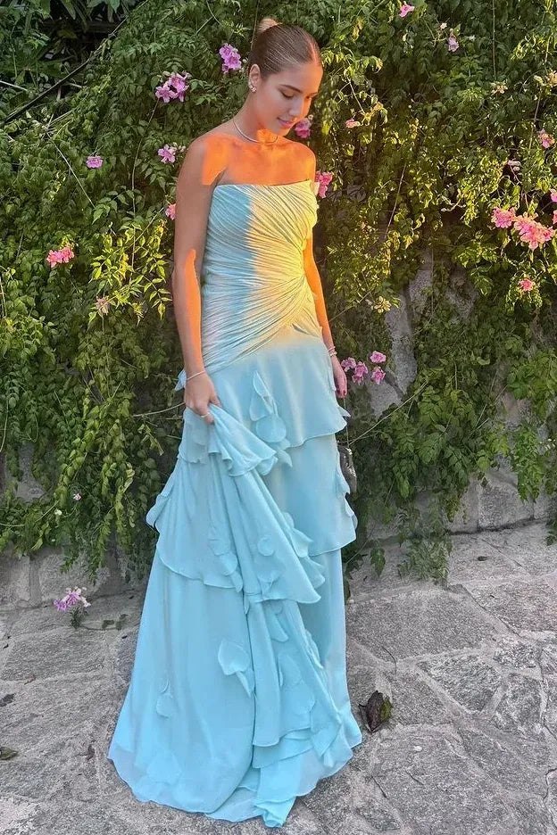 Romantic A-Line Straight Strapless Ruched Tiered Floor-Length Prom Dress