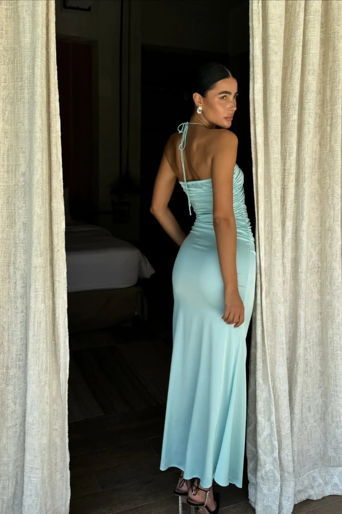 Chic Sheath Satin Halter Sleeveless Open-Back Ankle-Length Evening Dress
