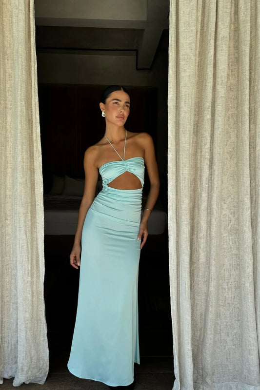 Front view of Loverlm aqua satin evening dress with a halter neckline, front cutout, ruched waist and ankle-length skirt.