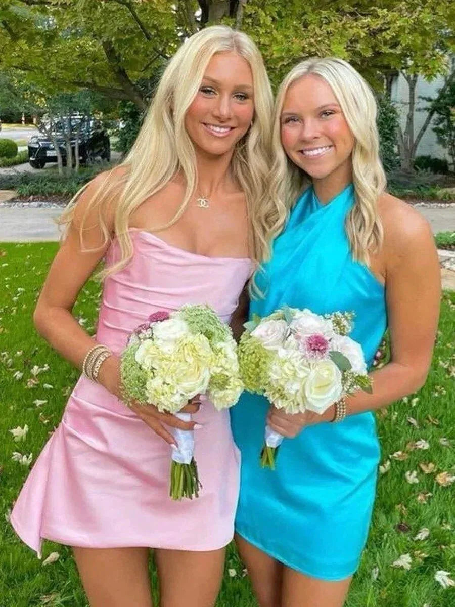 Chic Fitted Strapless Sleeveless Asymmetric Satin Mini Pink Homecoming Dress
