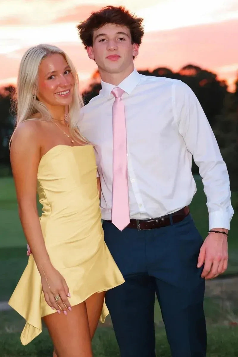 Chic Fitted Strapless Sleeveless Asymmetric Satin Mini Pink Homecoming Dress