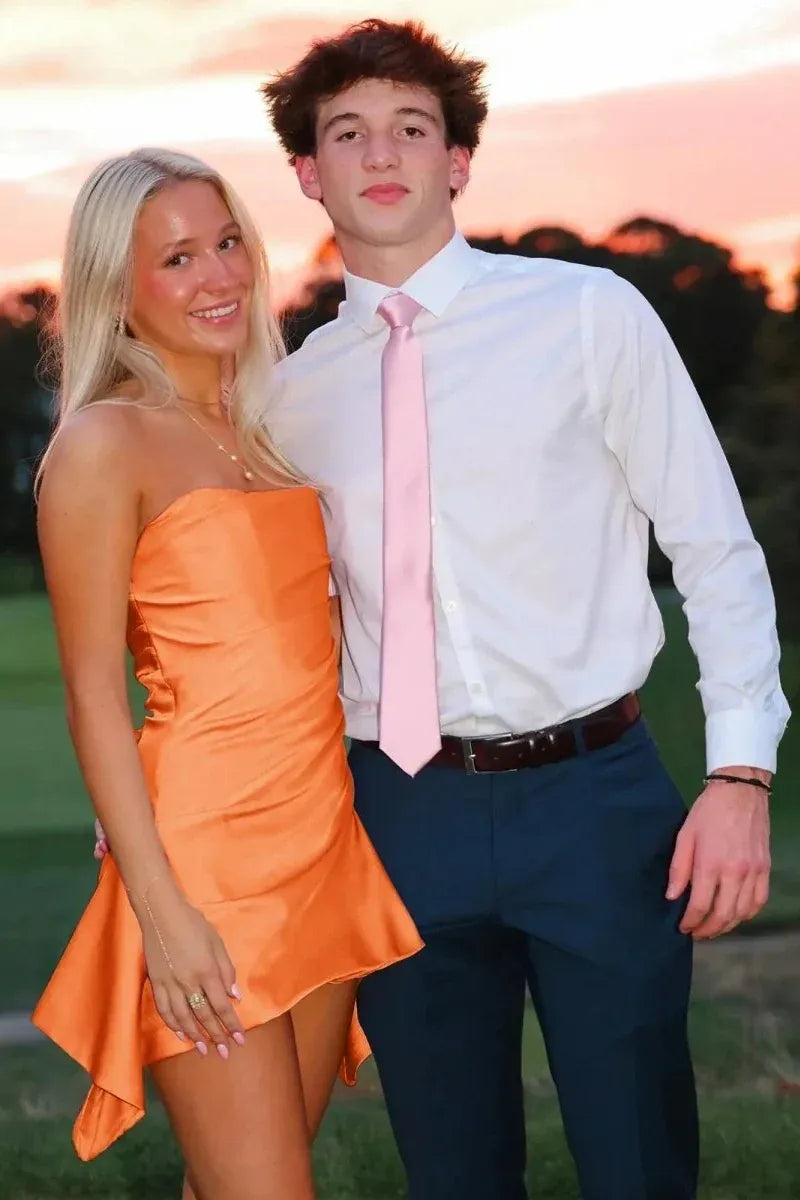 Chic Fitted Strapless Sleeveless Asymmetric Satin Mini Pink Homecoming Dress
