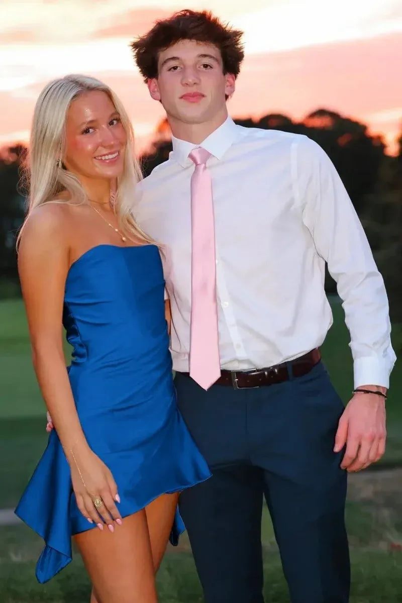 Chic Fitted Strapless Sleeveless Asymmetric Satin Mini Pink Homecoming Dress