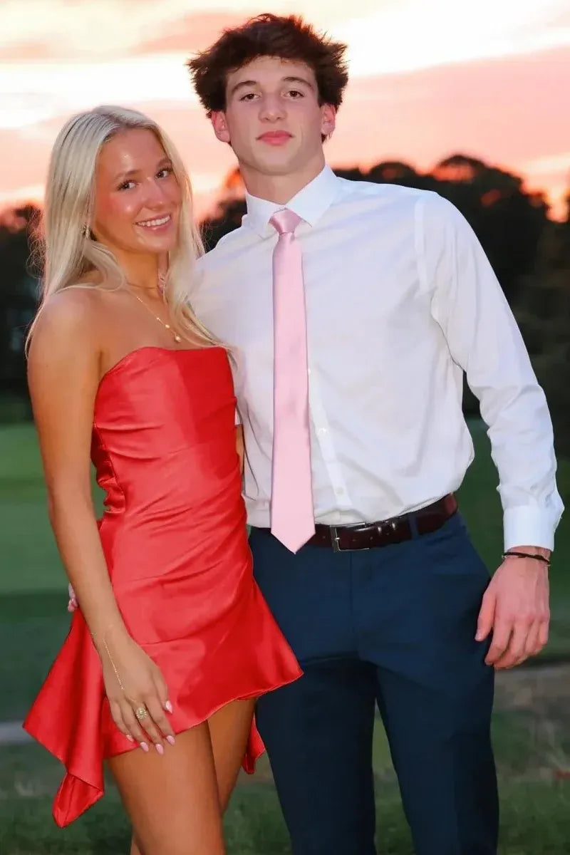 Chic Fitted Strapless Sleeveless Asymmetric Satin Mini Pink Homecoming Dress