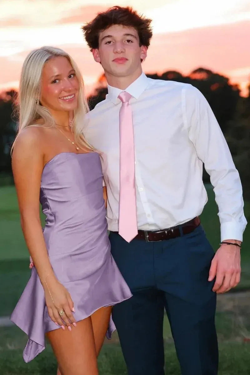 Chic Fitted Strapless Sleeveless Asymmetric Satin Mini Pink Homecoming Dress