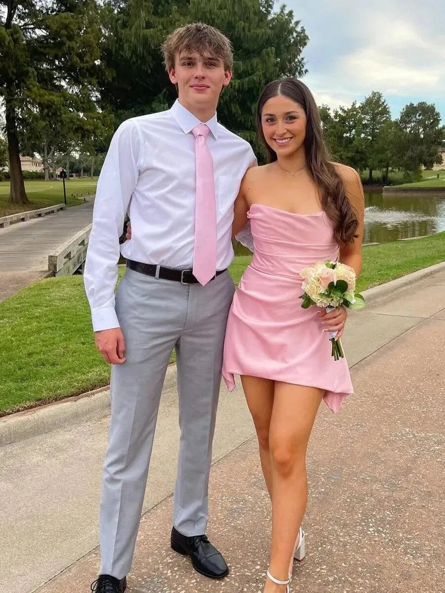 Chic Fitted Strapless Sleeveless Asymmetric Satin Mini Pink Homecoming Dress