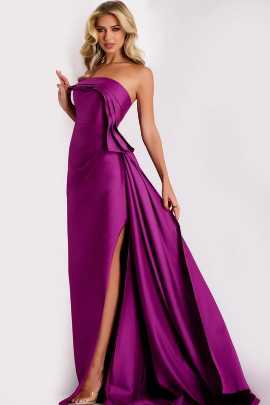 Loverlm berry strapless evening dress with sculptural draped bodice high slit fitted silhouette and flowing floor-length skirt