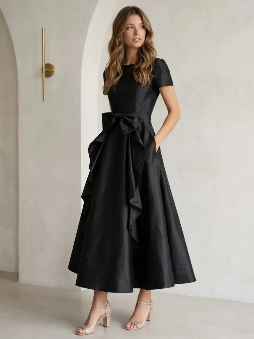 Loverlm black A-line bow waist tea length wedding guest dress front view