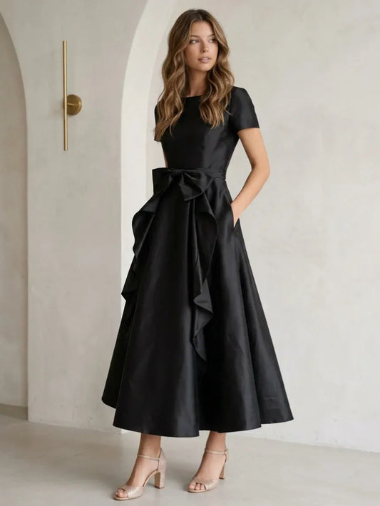 Loverlm black A-line bow waist tea length wedding guest dress front view