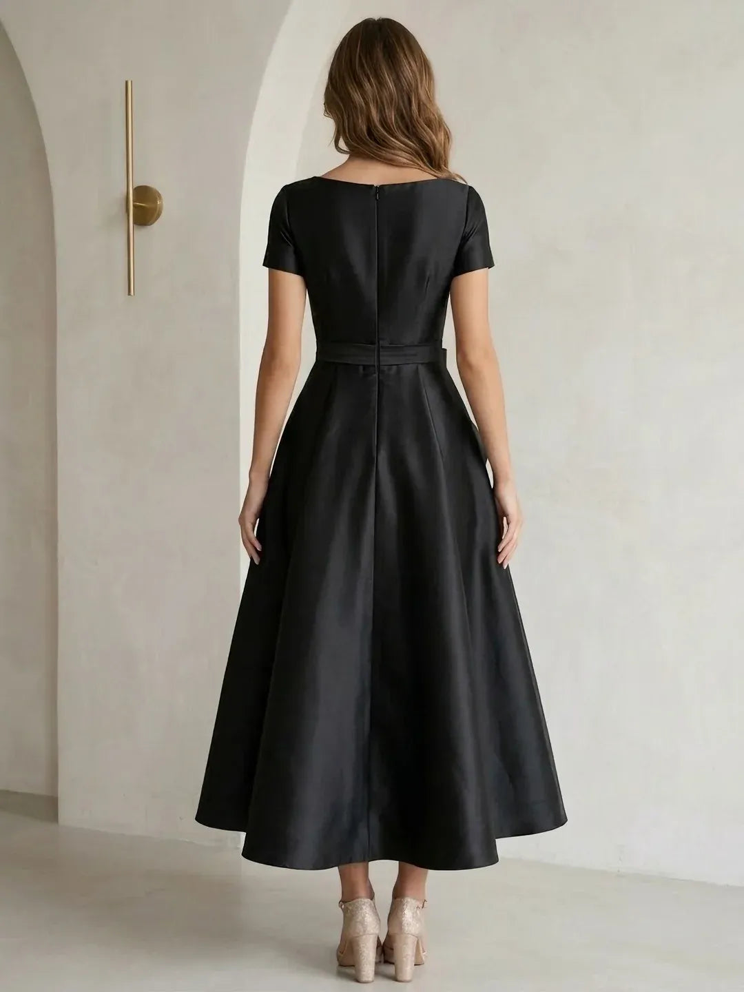 Elegant A-Line Round Neck Short Sleeve Zipper Back Tea-Length Wedding Guest Dress