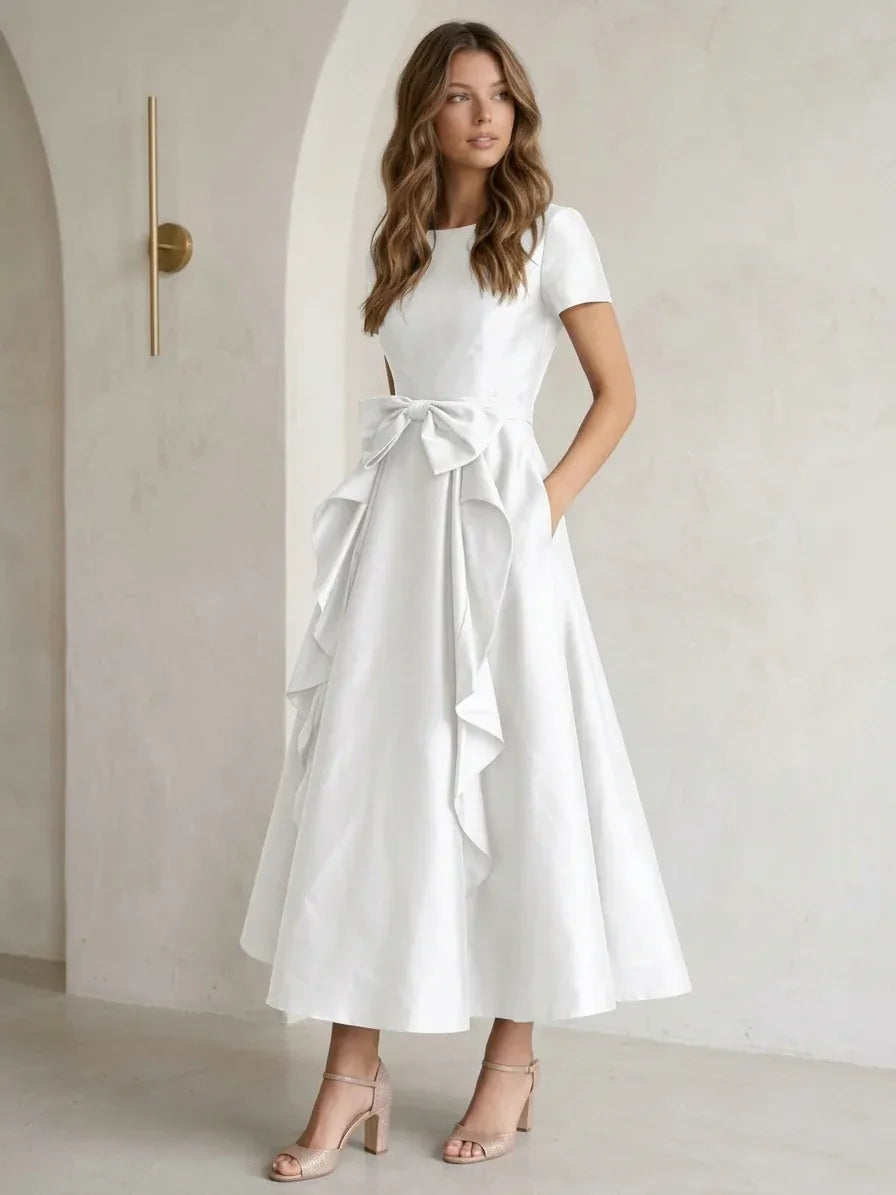 Elegant A-Line Round Neck Short Sleeve Zipper Back Tea-Length Wedding Guest Dress