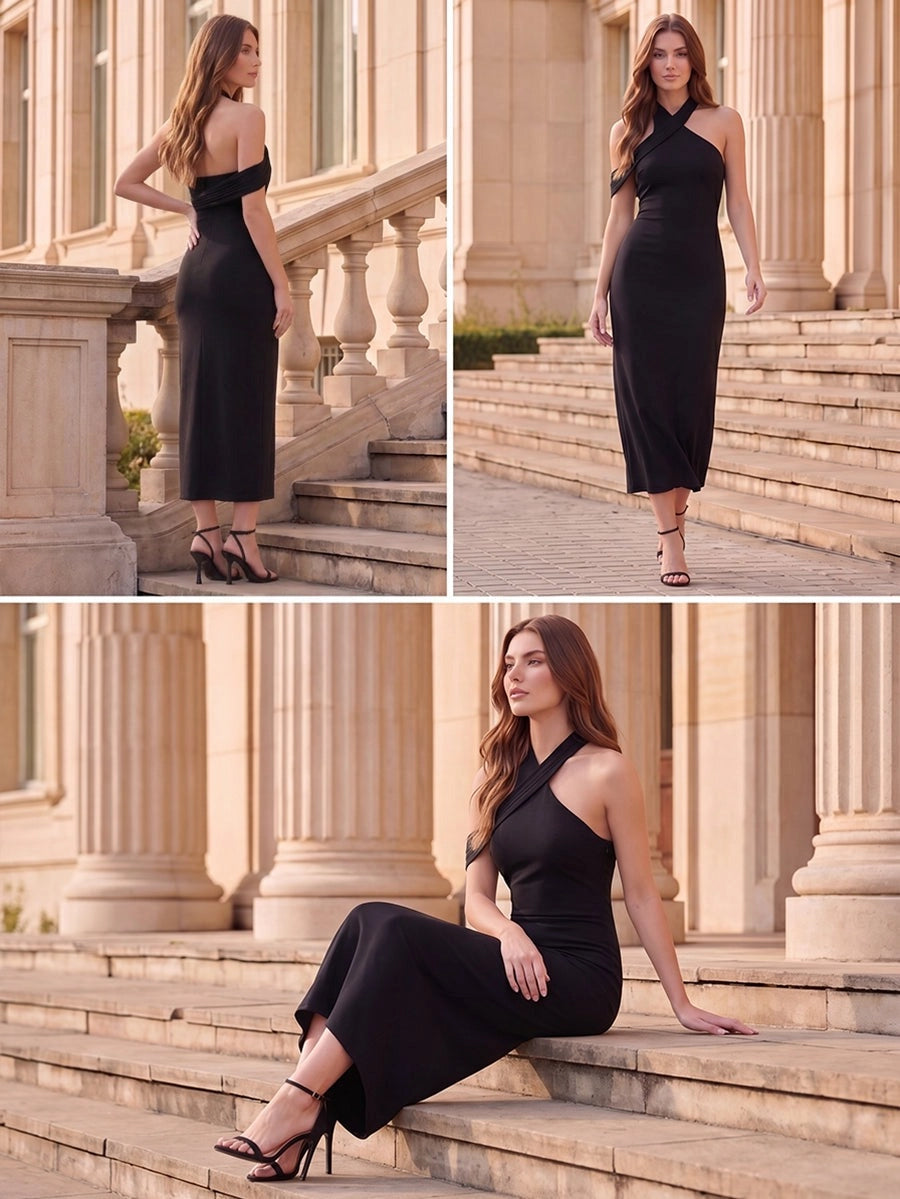 Chic Black Stretch Jersey Sheath Halter Sleeveless Open Back Midi Prom Dress
